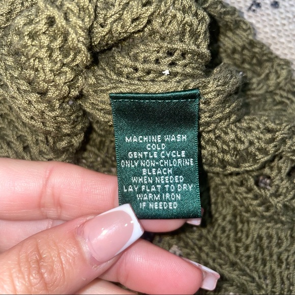 Lauren Ralph Lauren Olive Green Mercerized Cotton Crochet Eyelet V Neck Sweater - Picture 10 of 13
